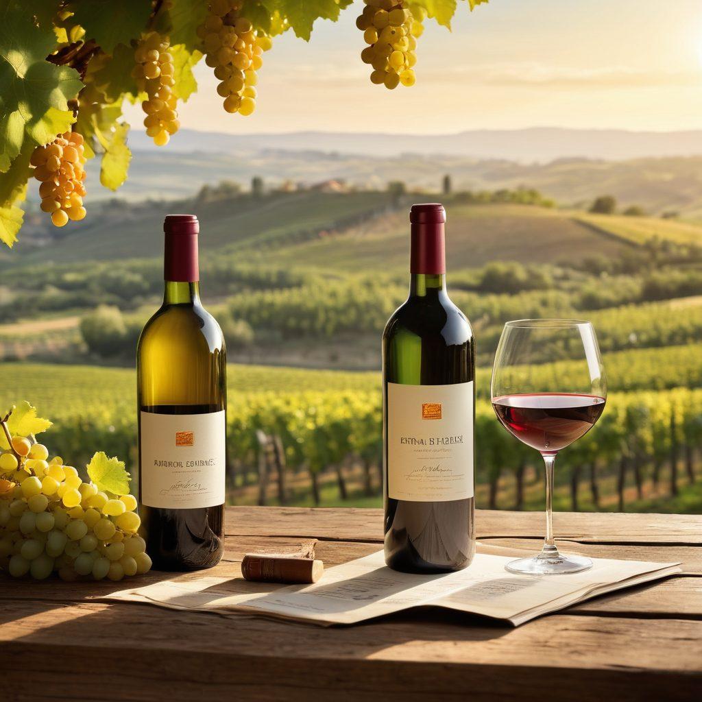 A mesmerizing vineyard landscape bathed in golden sunlight, with lush grapevines stretching across rolling hills. In the foreground, a stylish wine bottle and glass are elegantly placed on a rustic wooden table, reflecting light. A subtle representation of insurance documents and wine labels intertwined with grape clusters in the background to symbolize tailored solutions. The atmosphere is inviting, evoking a sense of sophistication and warmth. vibrant colors. super-realistic.