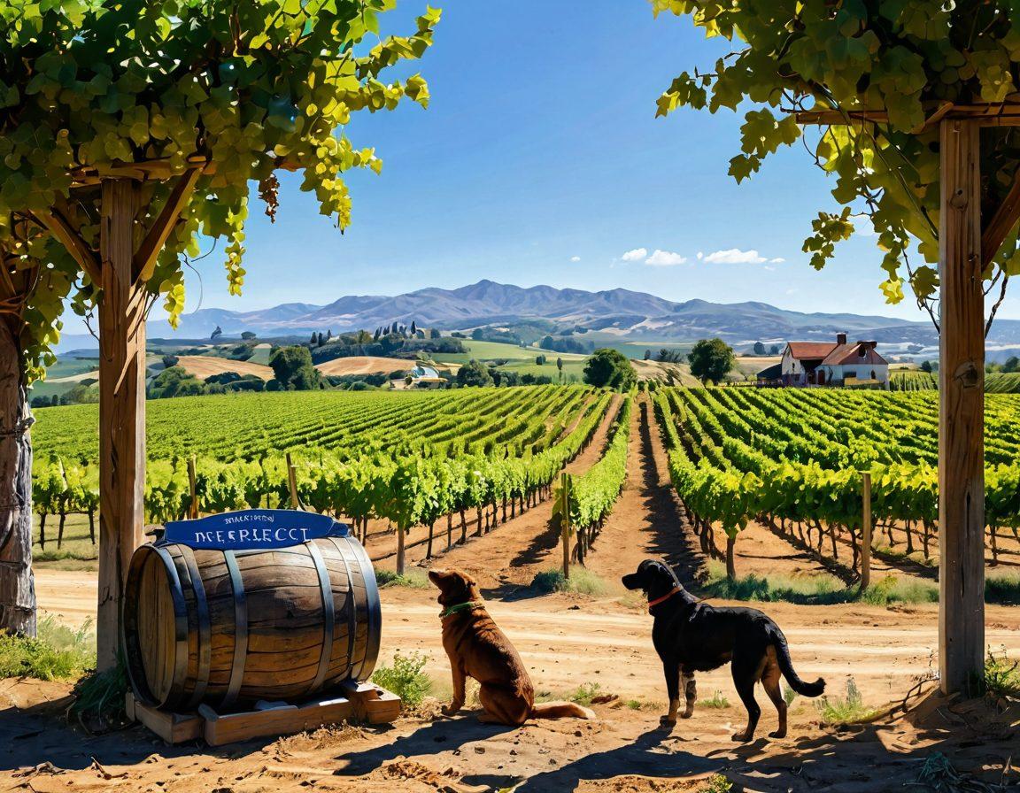 A picturesque vineyard landscape under a bright blue sky, with rows of grapevines laden with ripe grapes. In the foreground, a rustic wooden sign reads 'Protect Your Vineyard'. Include elements like a farmer inspecting vines, a guard dog by the vineyard, and subtle hints of wine barrels in the background. Emphasize a sense of security and natural beauty. vibrant colors. super-realistic.