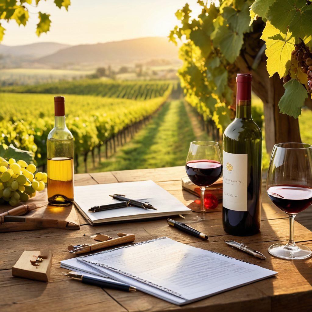 A picturesque vineyard landscape with lush grapevines under a golden sunset. In the foreground, a diverse group of winery owners discussing cost-effective insurance plans over a rustic wooden table laden with wine bottles. Illustrate a balance scale symbolizing financial stability with money on one side and insurance documents on the other. Add subtle detail like a notebook, a calculator, and vineyard tools nearby. vibrant colors. super-realistic.